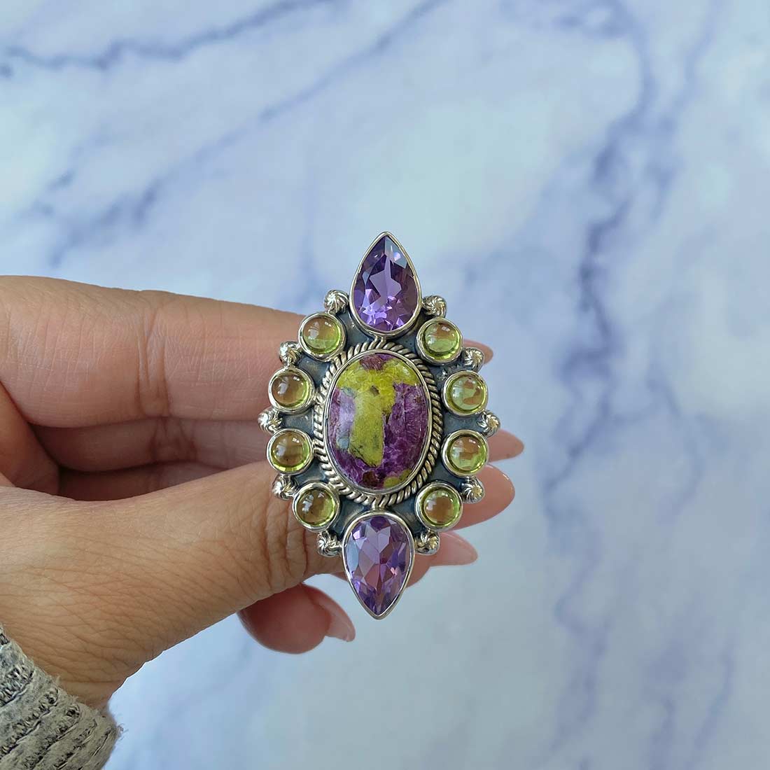 Stichtite, Peridot And Amethyst Flower Adjustable Ring-(SCT-FLR-5.)
